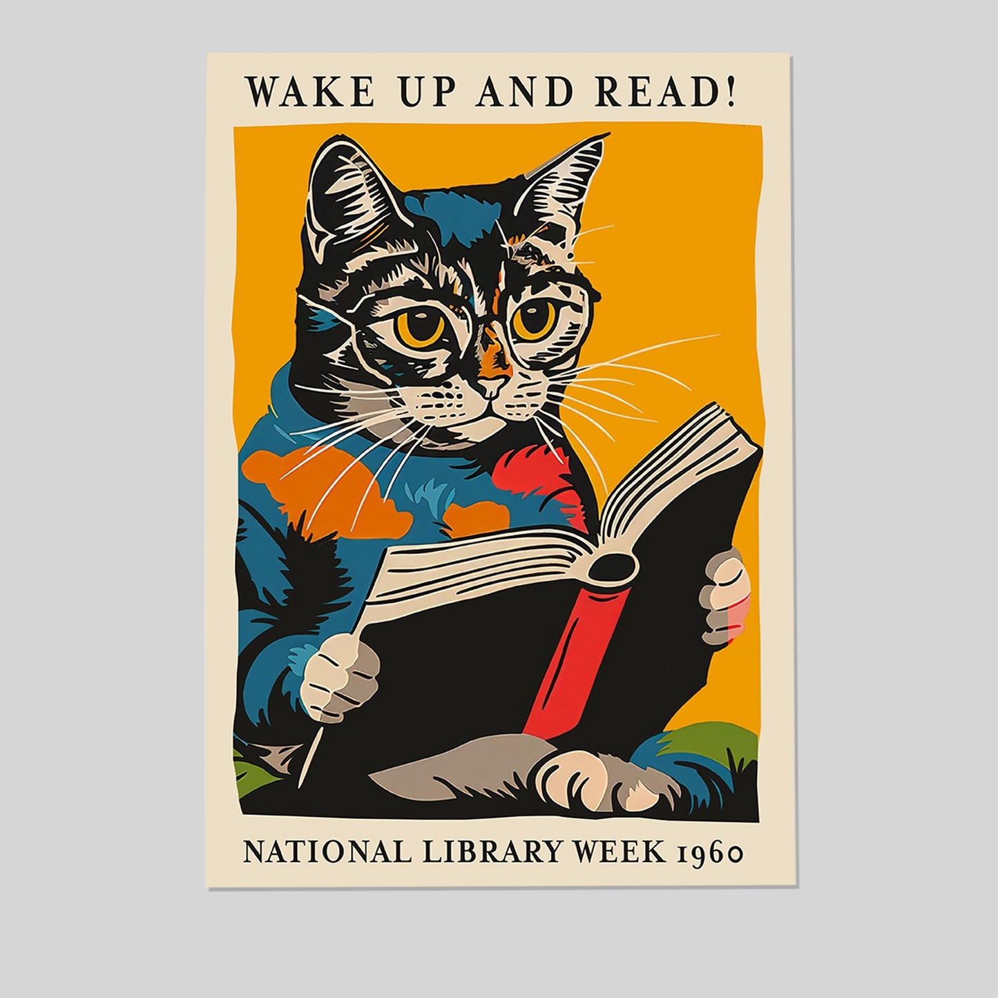 Cat Reading Poster - Wake Up and Read! - National Library Week 1960 Wall Art – Poster