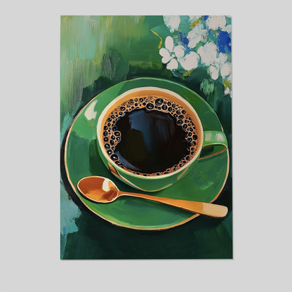 Elegant Coffee Lovers Art Print: Green Floral Kitchen Wall Decor - Unframed Trendy Poster