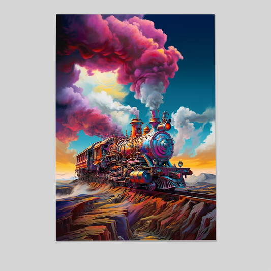 Surreal Colorful Steam Train Wall Art, Vibrant Fantasy Locomotive Poster, Psychedelic Cloud Landscape Decor