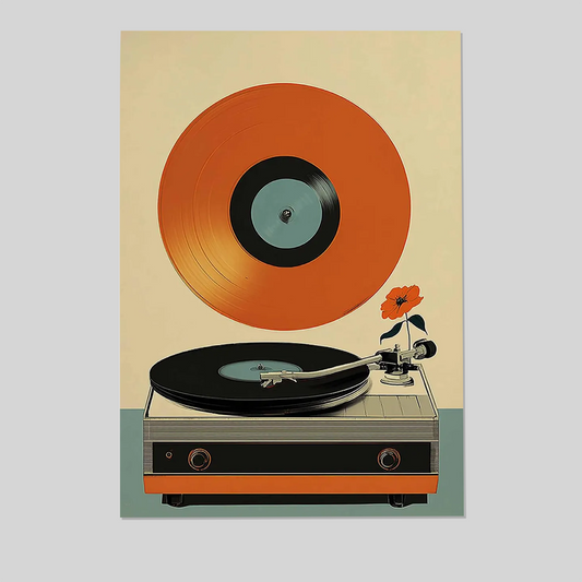Vintage Record Player Wall Art, Retro Vinyl Flower Poster, Mid Century Modern Music Print