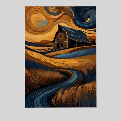 Rustic Barn Landscape Art Canvas Print or Poster: Van Gogh Style Countryside