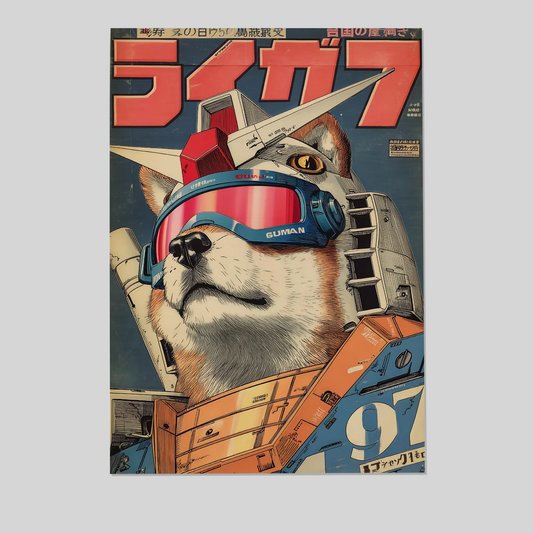 Cyber Shiba Mecha Pilot Art Print, Retro Japanese Shiba Poster