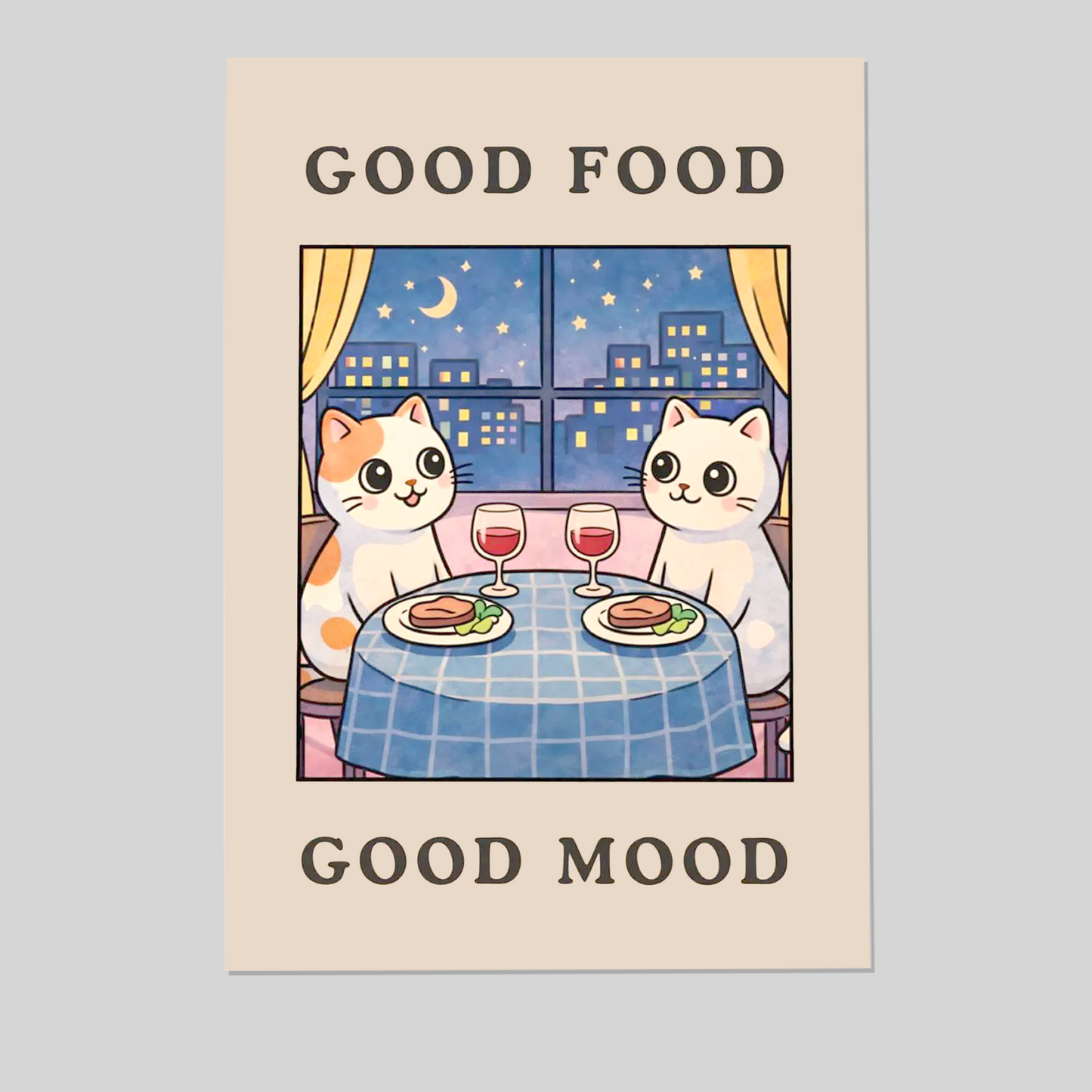 Good Food Good Mood - Cute Cat Kitchen Wall Art, Funny Dinner Poster, Cozy Dining Room Decor, Food Lover Gift Print