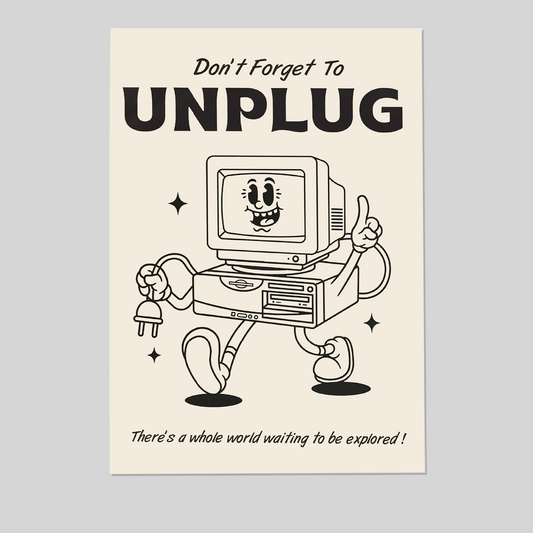 Unplug Print Retro Computer Illustration Wall Art, Vintage Tech Printable, Classroom Poster, Motivational Office Decor