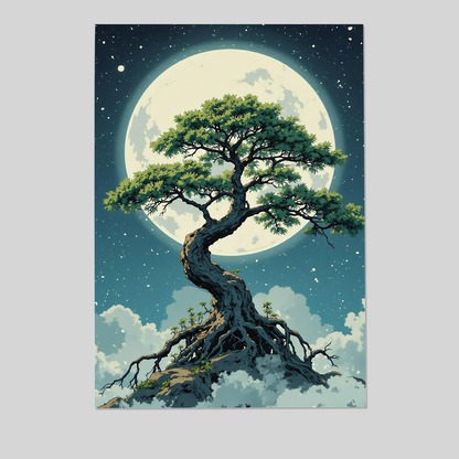 Mystical Bonsai Tree Art Print | Fantasy Moon & Clouds | Japanese Zen Wall Decor | Dreamy Night Sky Poster