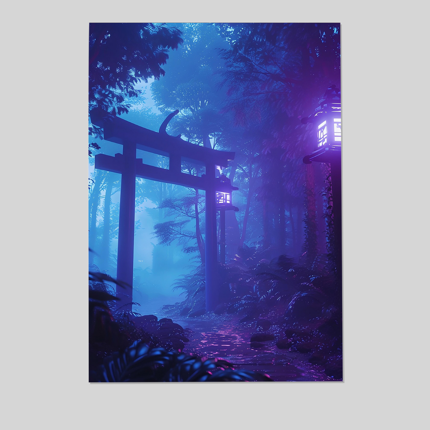 Neon Japanese Forest Poster - Mystical Torii Gate Wall Art - Ethereal Zen Garden Print - Lofi Aesthetic Decor
