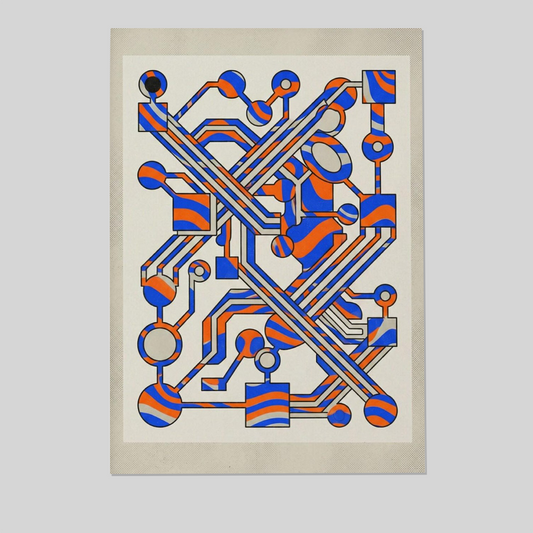 Retro Circuit Board Poster, Orange Blue Tech Wall Art