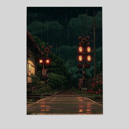 Japanese Train Crossing Poster, Rainy Night Wall Art In Cinematic Style For Bedroom Living Room Decor Style 1