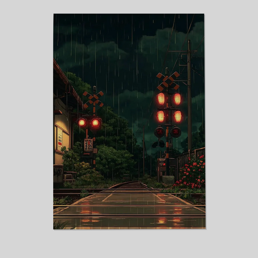 Japanese Train Crossing Poster, Rainy Night Wall Art In Cinematic Style For Bedroom Living Room Decor Style 1