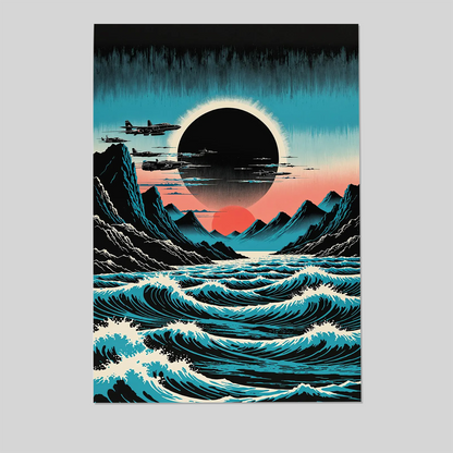 Retro Sci-Fi Eclipse Art Print | Ocean Landscape, Fighter Planes