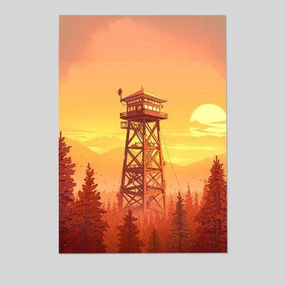 Fire Tower Lookout Art Print with Firewatch Nature Vibes