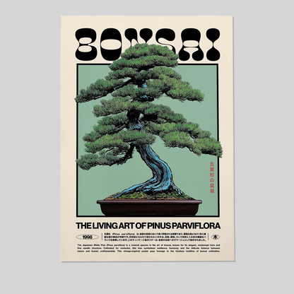 Bonsai Art Print: Retro Japanese White Pine Botanical Poster