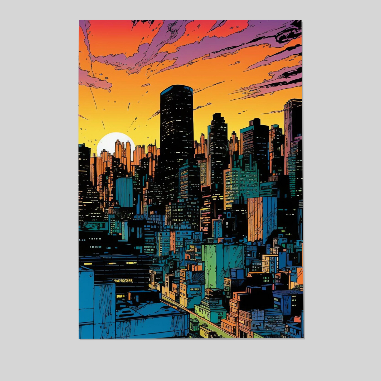 Sunset City Skyline Art Print | Retrofuturism Megacity Panel | Purple Cyberpunk Sci-Fi Wall Decor | Futuristic Cityscape