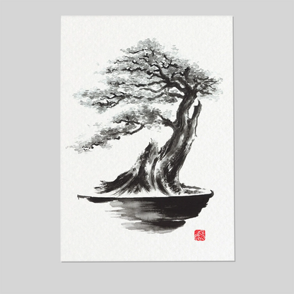 Bonsai Tree Art Print: Sumi-e Ink Painting Poster