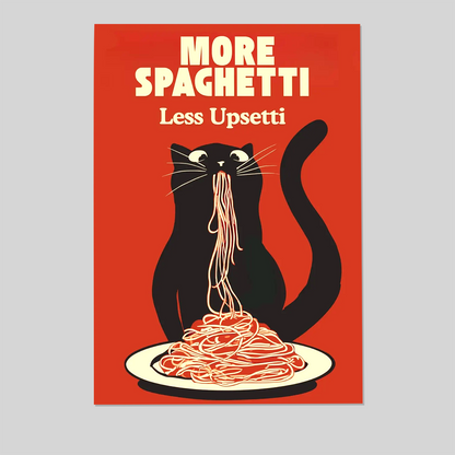 Hungry Cat Spaghetti Print, Humorous Poster, Funny Wall Art for Kitchen