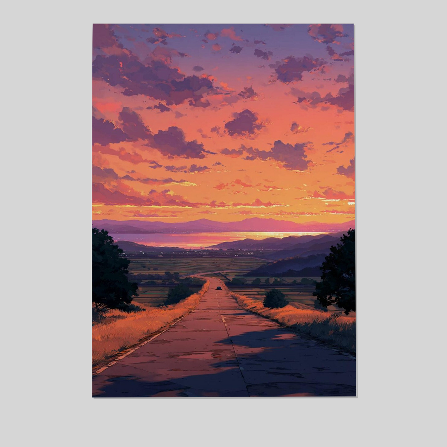 Sunset Landscape Print, Cinematic Rural Road, Dreamy Sky Poster