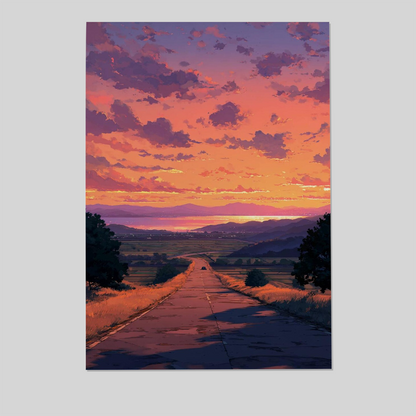 Sunset Landscape Print, Cinematic Rural Road, Dreamy Sky Poster