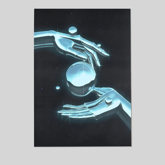 Cyberpunk Poster, Vaporwave Robot Hands, Retro Futuristic Art