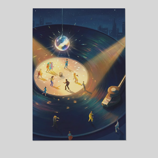 Disco Ball Art Print, Vinyl Record Player, Night Sky Party, Groovy 70s Wall Art, Tiny Dancers Illustration, Funky Music Poster