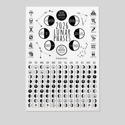 2026 Lunar Calendar Print: Full + New Moon Phases Poster, Witchy Celestial Wall Art, New Year Gift for Her, Astrology Decor