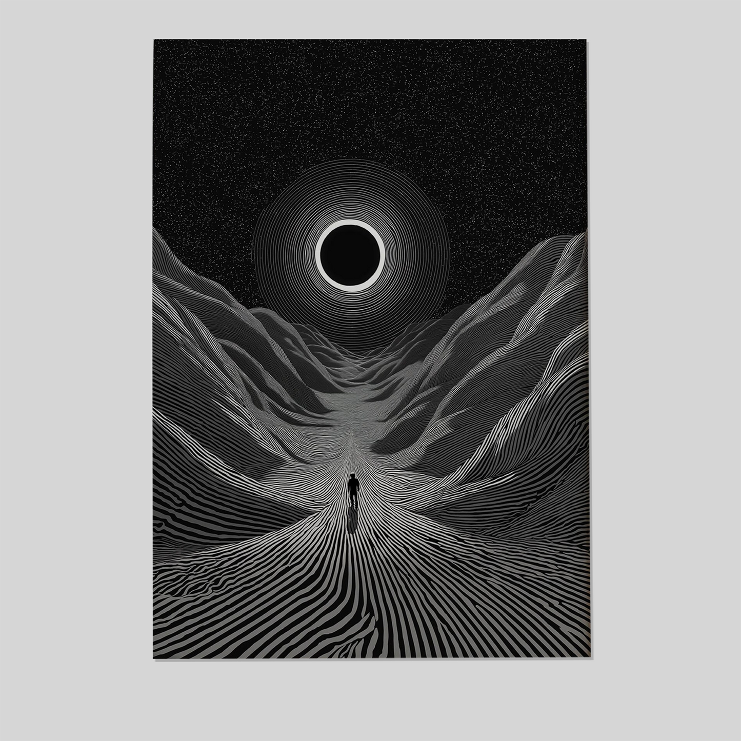 Minimalist Eclipse Wall Art - Black and White Surreal Landscape - Cosmic Path Artwork - Sci-Fi Furrealism Poster