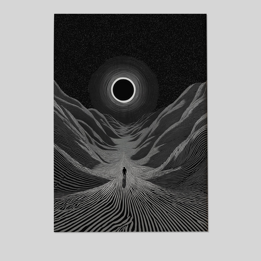 Minimalist Eclipse Wall Art - Black and White Surreal Landscape - Cosmic Path Artwork - Sci-Fi Furrealism Poster