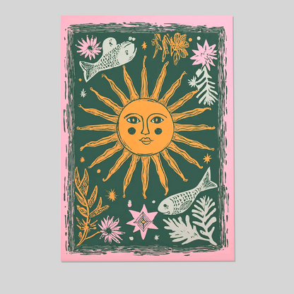 Sun and Moon Poster, Boho Celestial Wall Art, Mystical Folk Art Print, Astrology Home Decor, Cosmic Spiritual Artwork