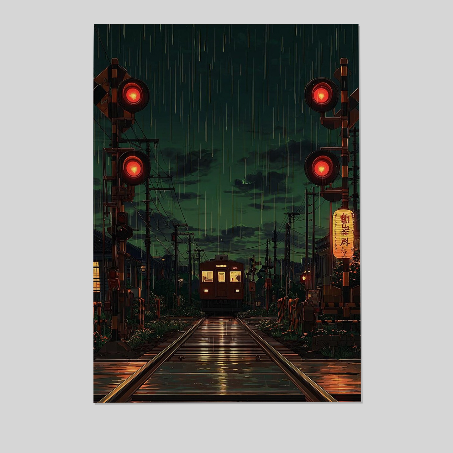 Japanese Train Crossing Poster, Rainy Night Wall Art In Cinematic Style For Bedroom Living Room Decor Style 4