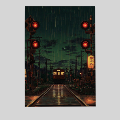 Japanese Train Crossing Poster, Rainy Night Wall Art In Cinematic Style For Bedroom Living Room Decor Style 4