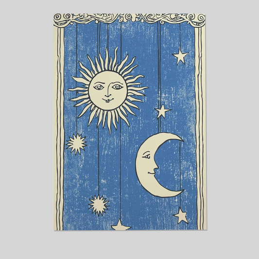Sun and Moon Wall Art, Celestial Poster, Vintage Astrology Print, Blue Starry Night Artwork, Mystical Cosmic Decor, Boho Moon Phase Art
