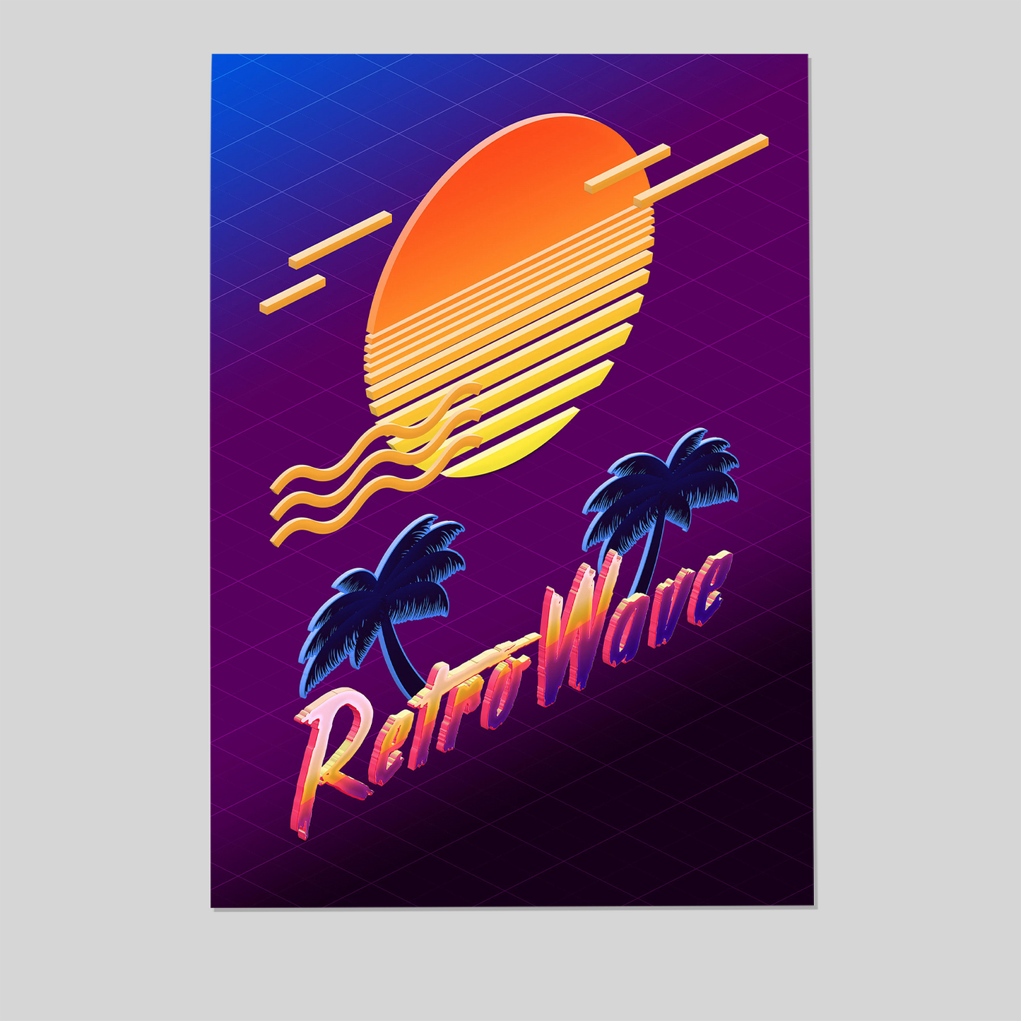 Isometric Retrowave: Sunset Synthwave Aesthetic Poster, Retrowave Poster, Neon Poster