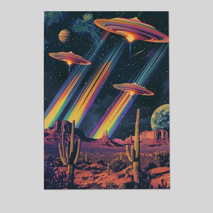 Retro UFO Space Poster Alien Wall Art Retro Futuristic Rainbow Poster Surreal Wall Art Vintage Scifi Collage Western Scifi