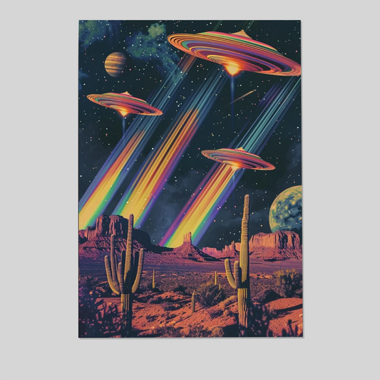 Retro UFO Space Poster Alien Wall Art Retro Futuristic Rainbow Poster Surreal Wall Art Vintage Scifi Collage Western Scifi