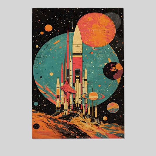Retro Space Wall Art, Futuristic City Illustration, Vintage Sci Fi Canvas, Cosmic Space Home Decor