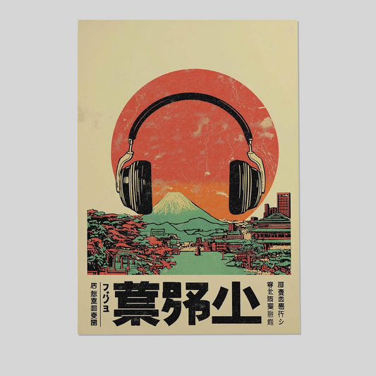 Retro Japanese Music Art Print, Headphones Mount Fuji Poster, Vintage Pop Culture Wall Art, Sunset Soundwave Japan Decor