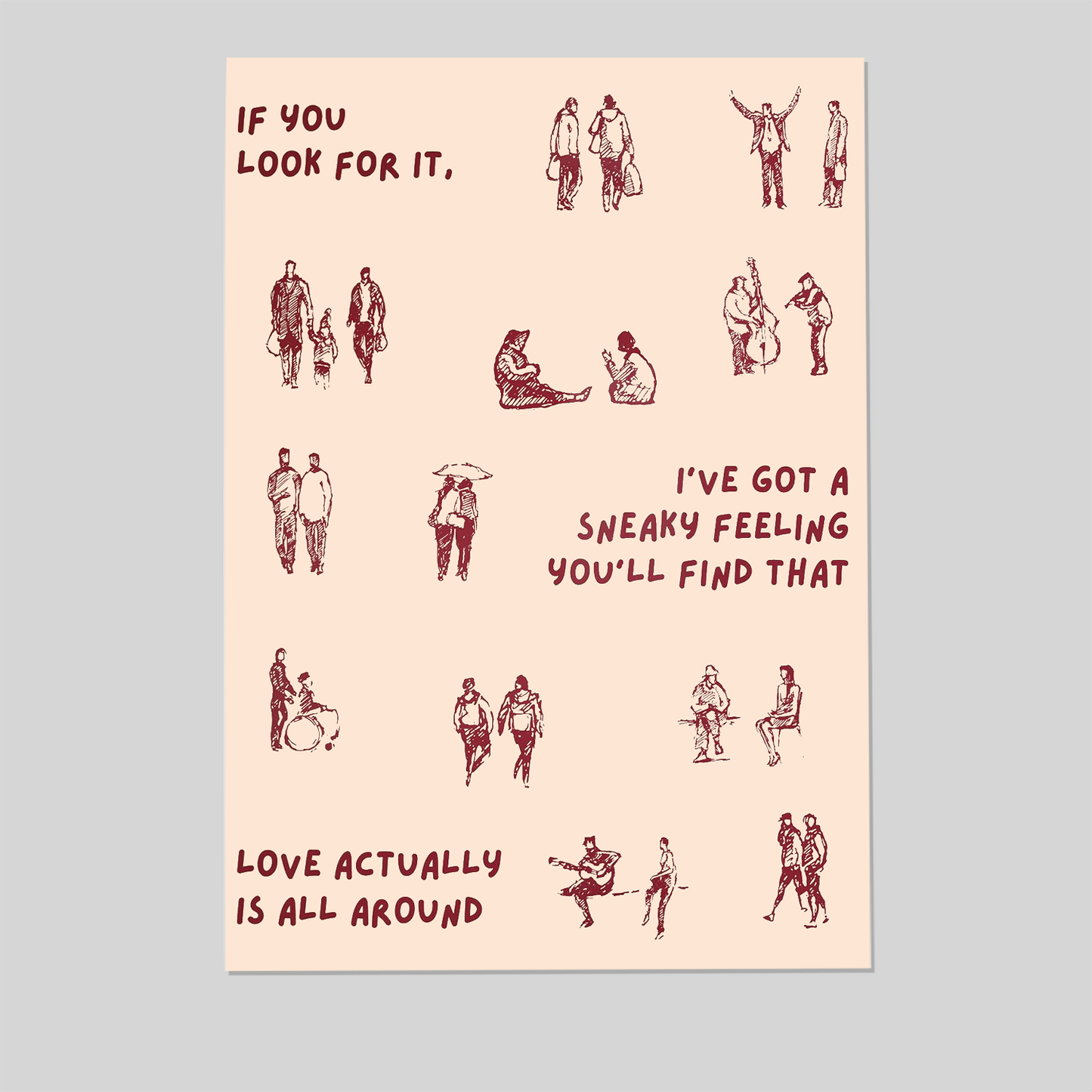Love Actually Is All Around Print Dorm Room Aesthetic Wall Art Small People Art Tiny Humans Walking Print Minimalist People Wall Art Retro