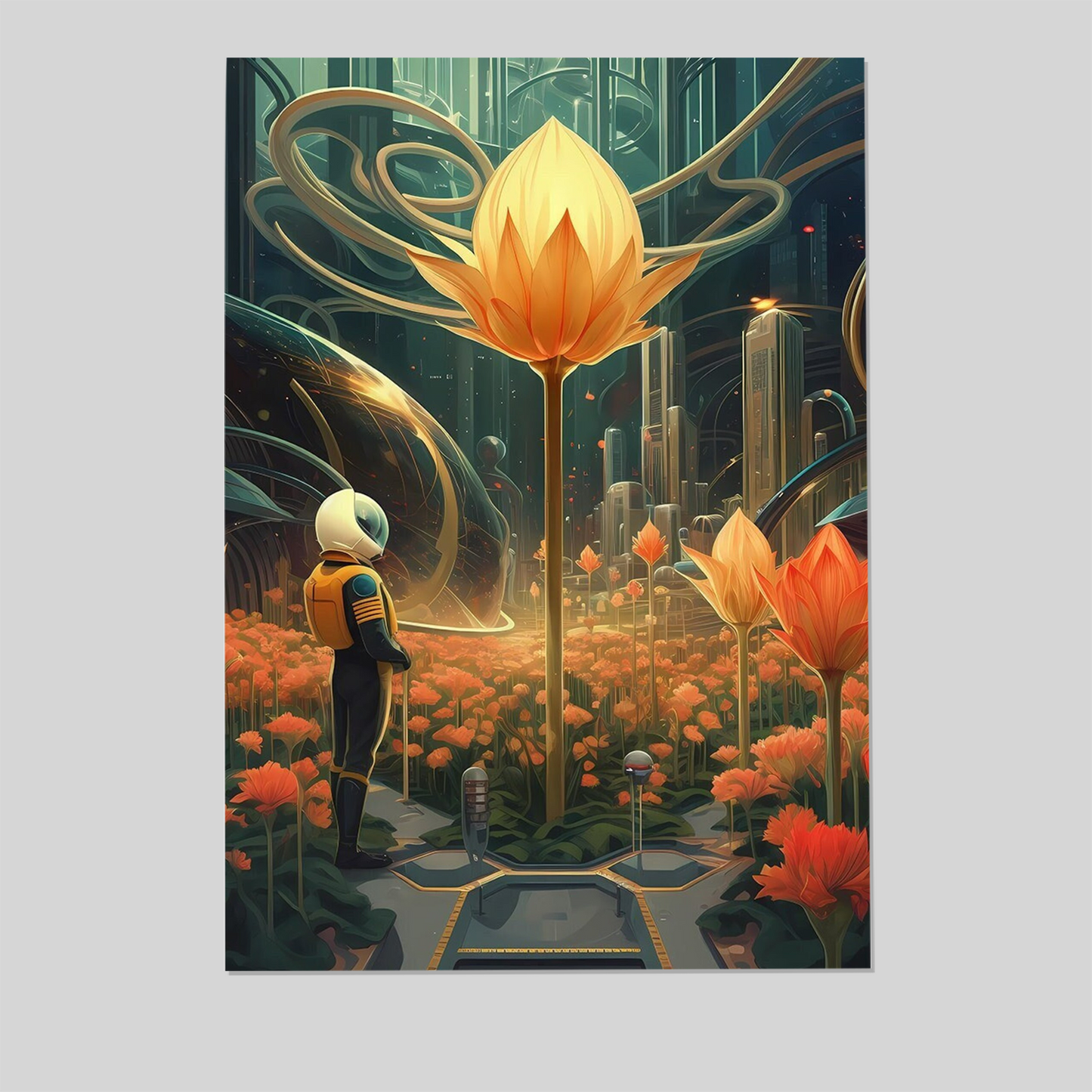 Nostalya - Futuristic City Art Print, Astronaut and Giant Flowers Poster, Sci-Fi Urban Landscape, Space Botanical Wall Art, Fine Art Poster