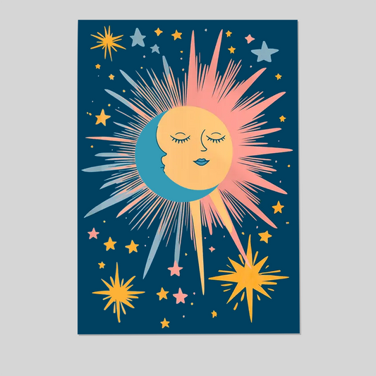 Vintage Sun Face Eclectic Wall Art – Yellow Stripe Celestial Decor, Quiet Luxury Cosmic Poster, Boho Sun Astrology Print