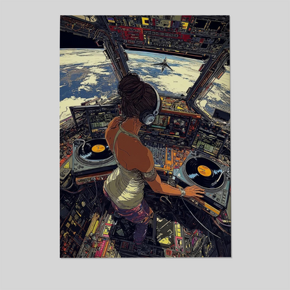 Space DJ Poster – Futuristic Turntable Art Print, Cosmic Music Studio Wall Decor, Sci-Fi Electronic Vibes