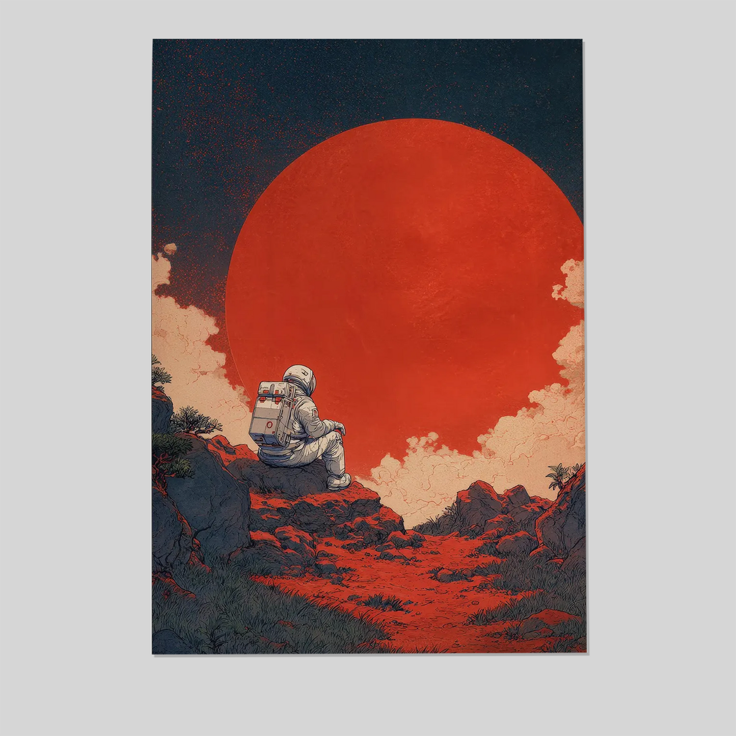 Astronaut Sitting By Red Sun, Japanese Retrofuturism Poster