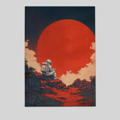 Astronaut Sitting By Red Sun, Japanese Retrofuturism Poster