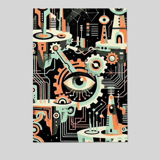 Cybernetic Eye & Gears Art Print | Mid-Century Modern, Teal Mint