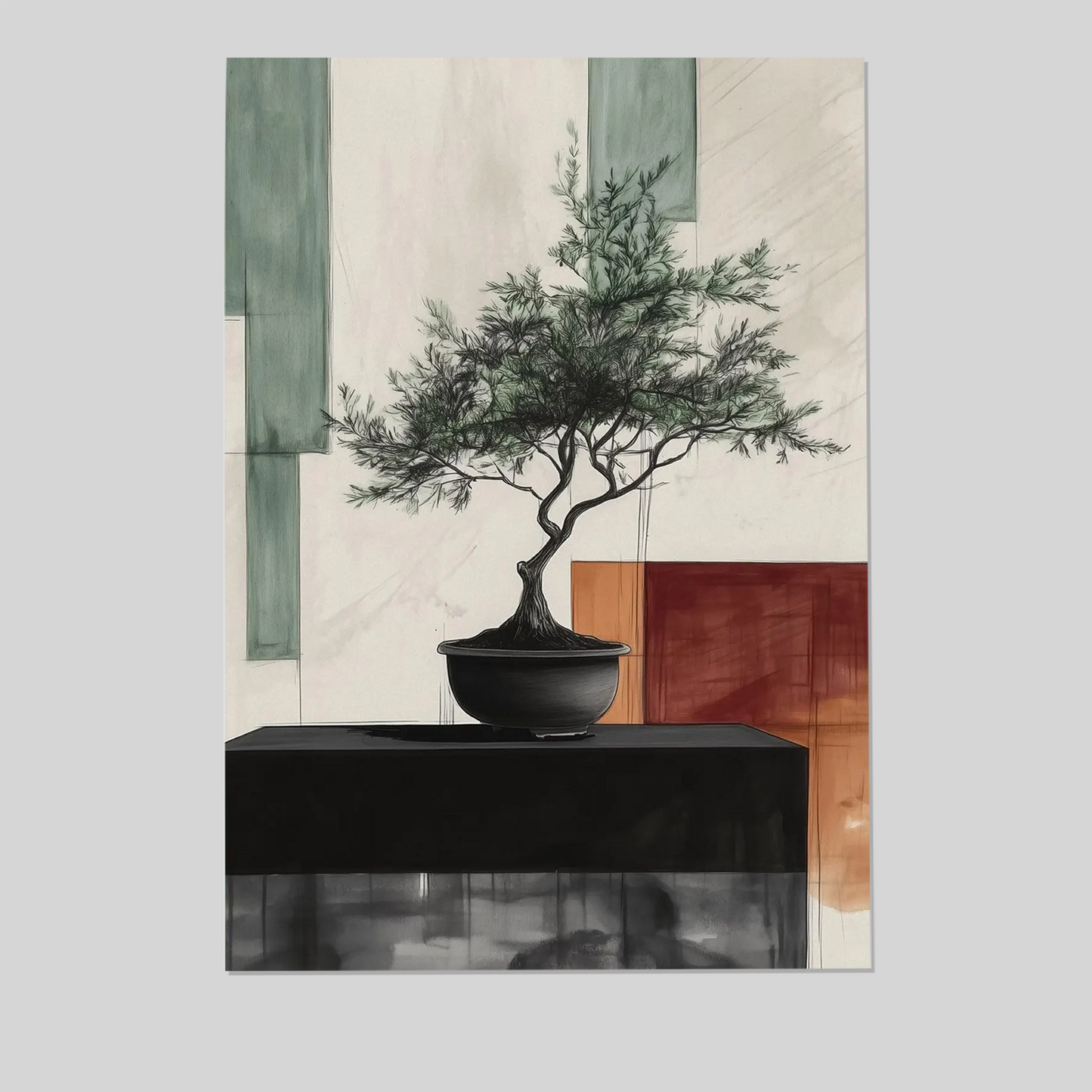 Modern Apartment Printable Art, Bonsai Tree Illustration Digital, Architecture Style Poster, Earthy Tone Wall Decor