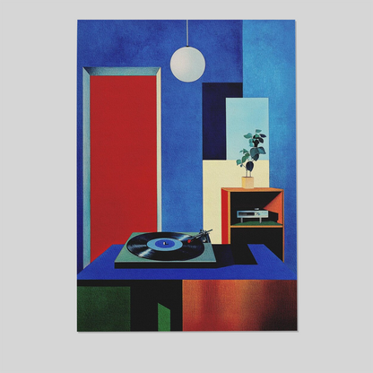 Abstract Record Player Room Art Print Poster, Blue Geometric Studio Wall Art, Modern Minimalist Music Poster