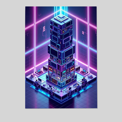 Retro Futurism Computer Lab Poster Isometric Neon Tech Wall Art Retro Future Poster