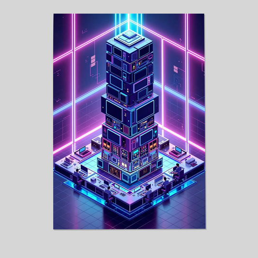 Retro Futurism Computer Lab Poster Isometric Neon Tech Wall Art Retro Future Poster