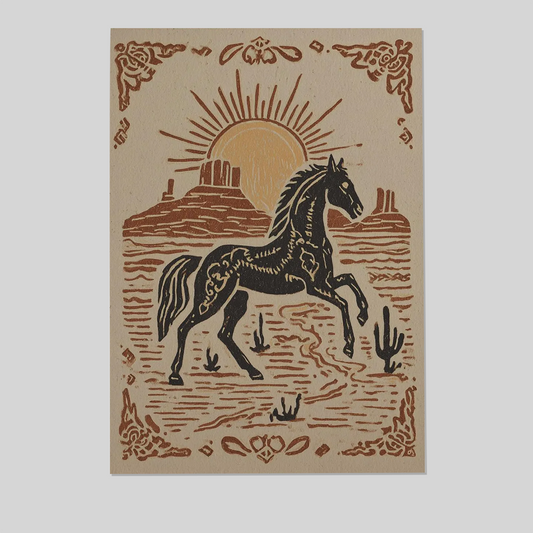 Western Horse Poster, Rustic Desert Wall Art, Vintage Cowboy Poster, Boho Sun Illustration, Southwestern Home Decor