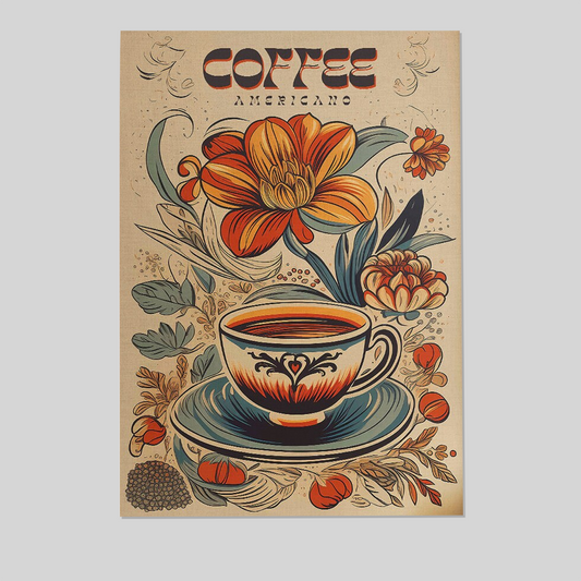 Vintage Coffee Art Print | Retro Americano Flower Poster | Botanical Coffee Shop Decor | Aesthetic Kitchen Wall Art