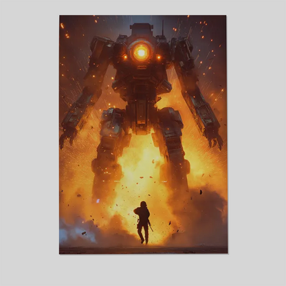 Giant Mech Battle Art Print - Sci Fi Robot Poster