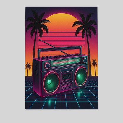 Retro Synthwave Wall Art - 80s Vaporwave Neon Boombox Poster